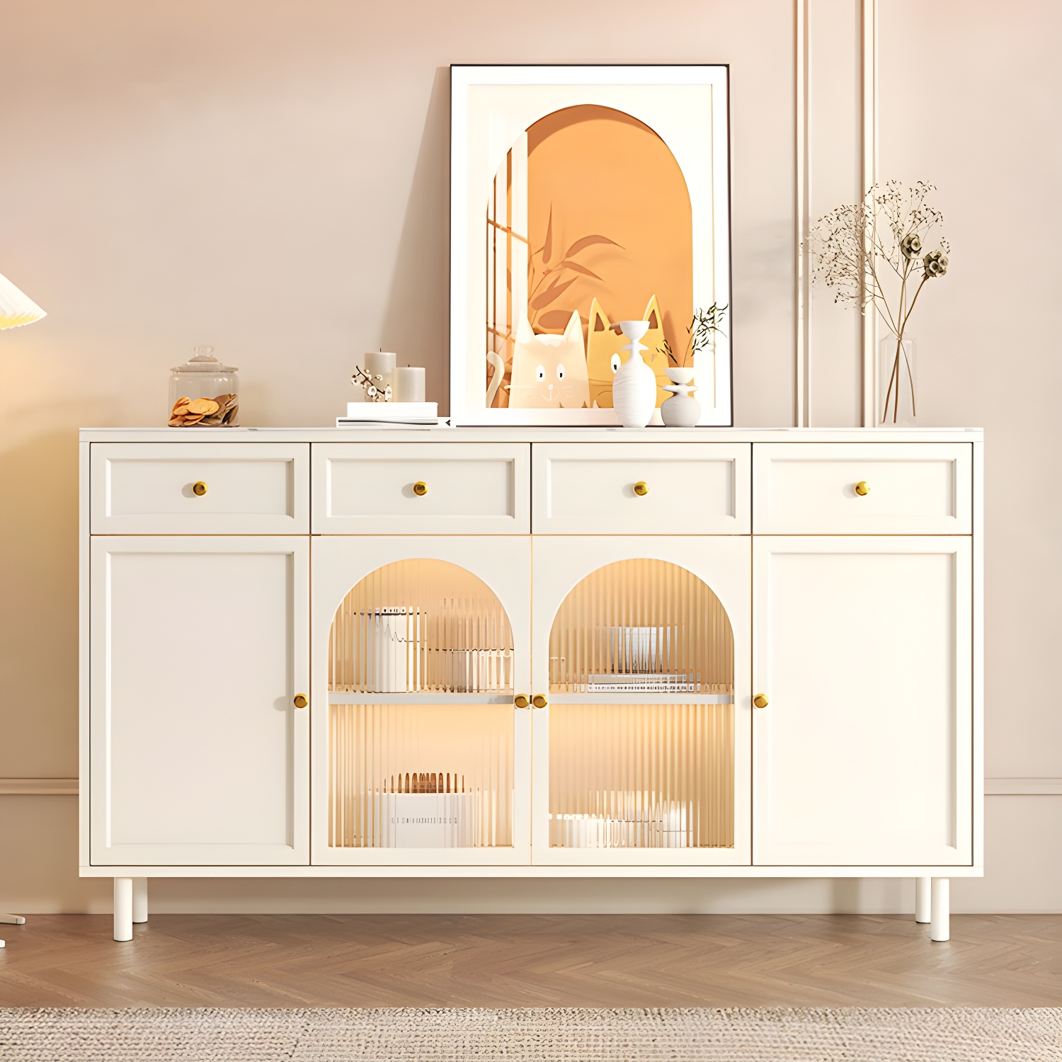 Scandinavian Wood Buffet Sideboard with Stone Countertop and Glass Doors - image 4