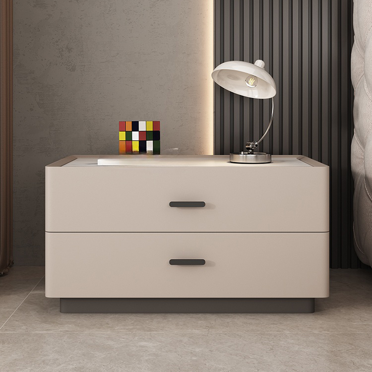 Elegant Two-Drawer Faux Leather Nightstand with Stone Countertop in Low Height for Modern Homes - image 9