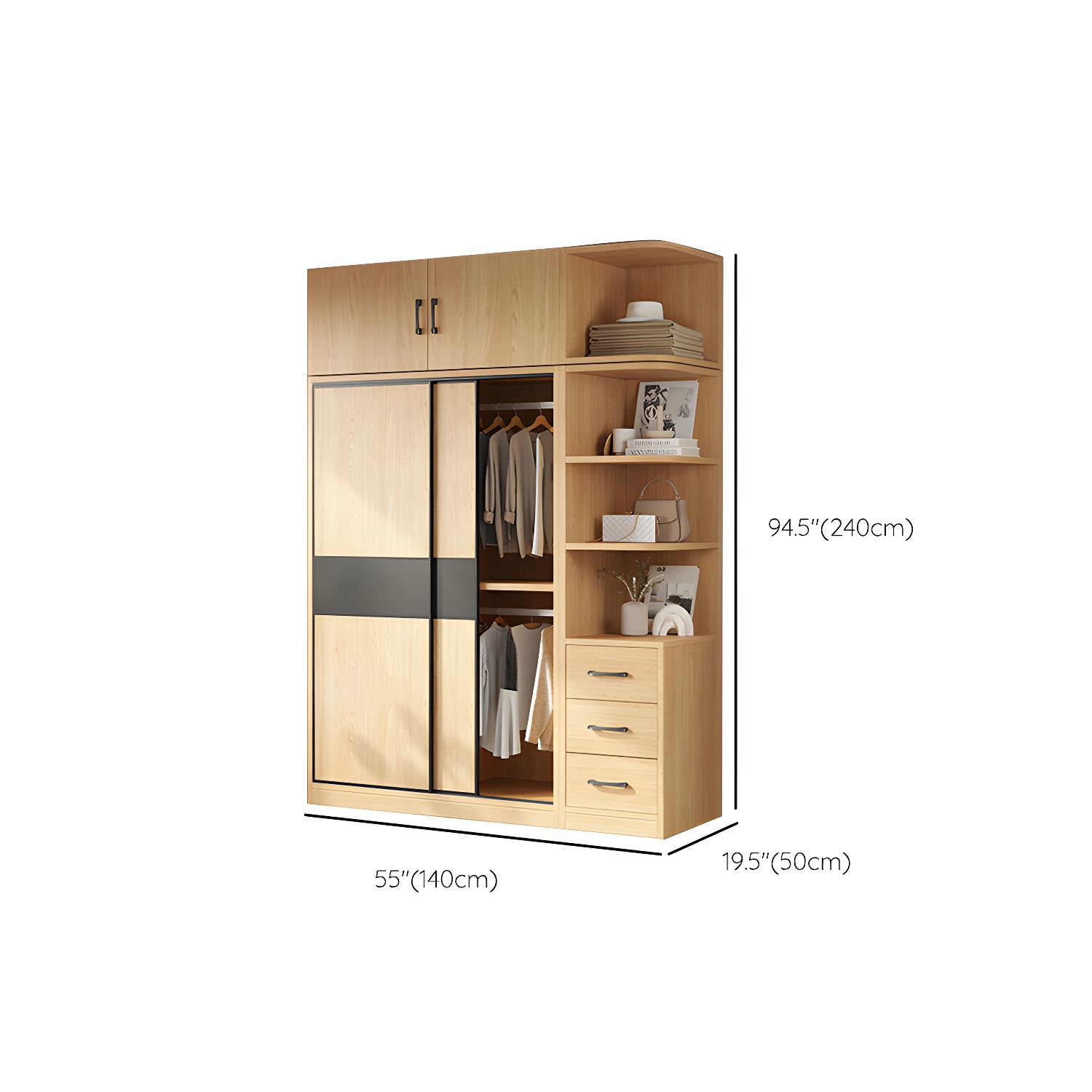 Light Wood Wardrobe Armoire with Sliding Doors, Clothing Rod, and Soft-Close Drawers - image 29