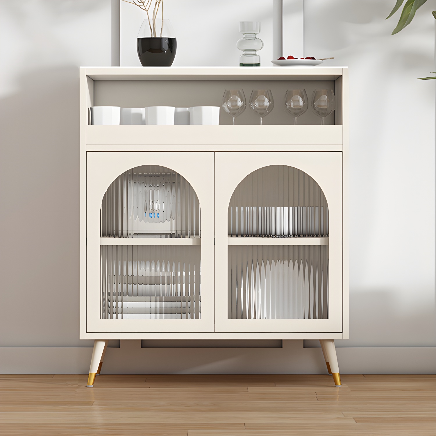 Modern Wood Buffet Sideboard with Stone Countertop and Glass Doors