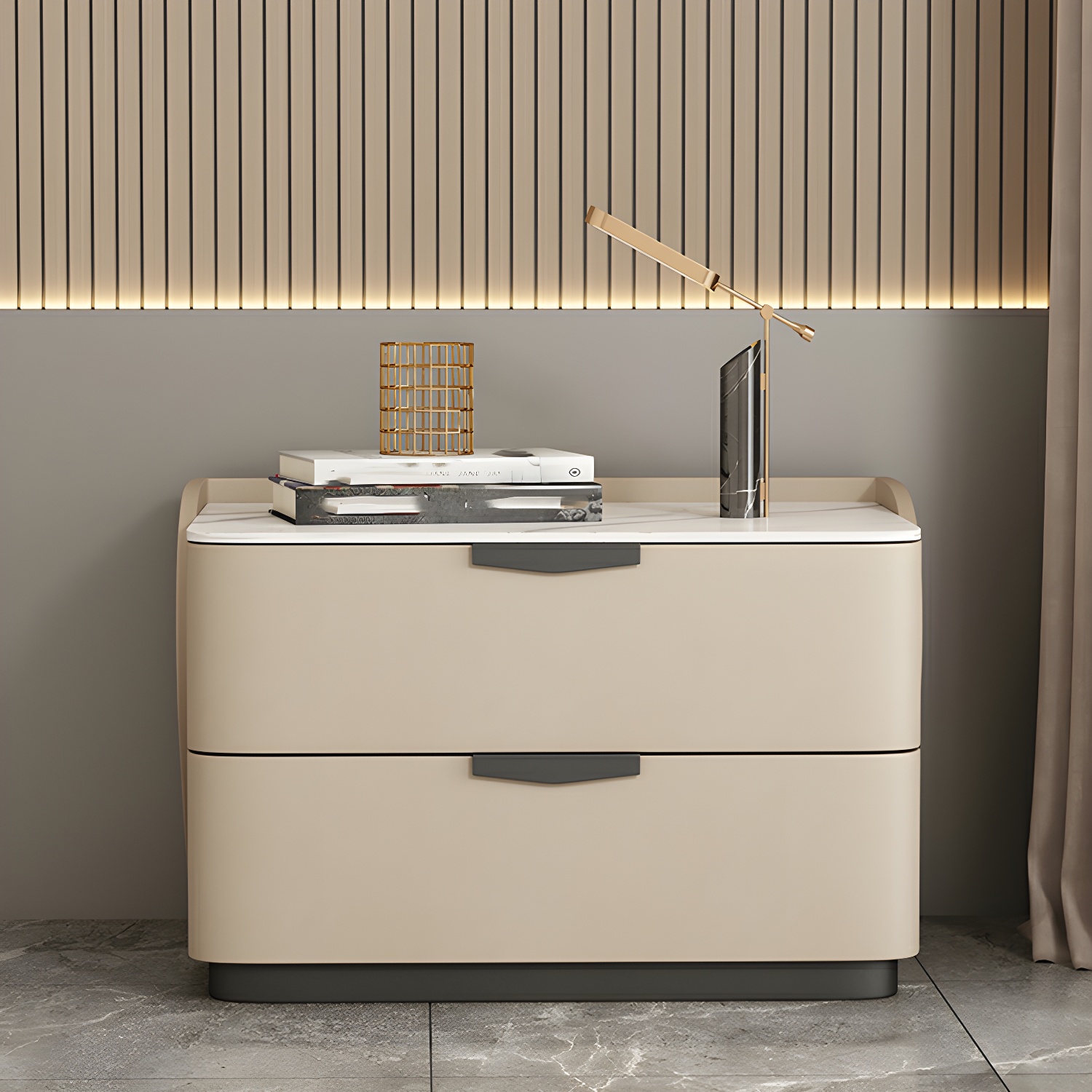 Modern Faux Leather Nightstand with Two Drawers in Light Wood - image 7