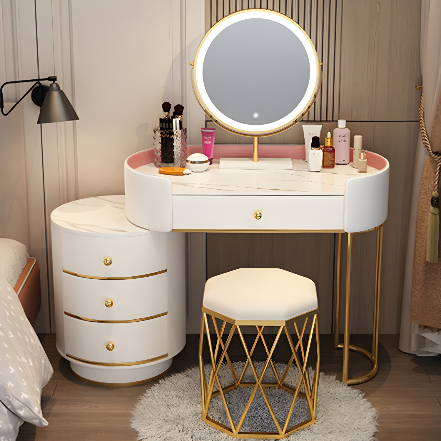 Lighted Mirror Makeup Counter Bedroom Makeup Vanity Desk Table with Drawer - image 5