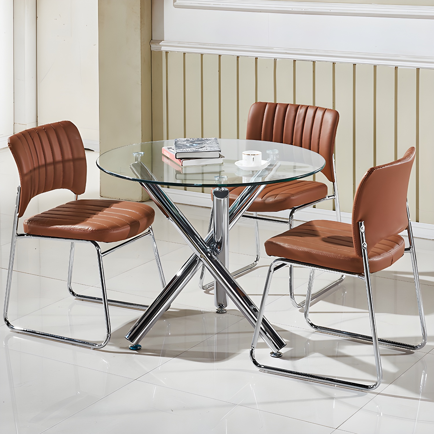 Modern Glass Round Dining Set with Three-Leg Metal Base - Clear, 36-inch Table - image 12