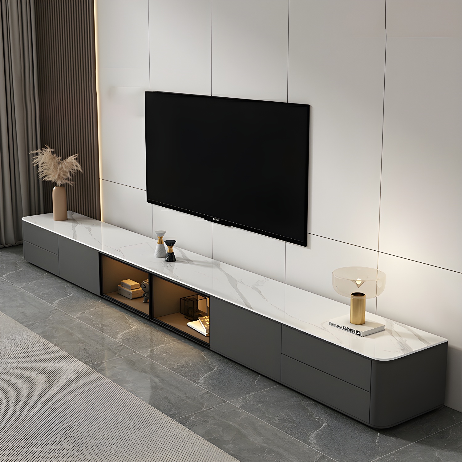 Grey Stone TV Stand with Drawers and Cabinet and No Cable Management for Modern-Style Long TVs - image 11