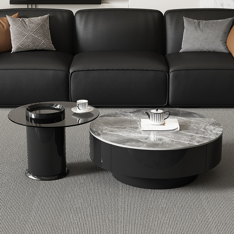Elegant 1-Tier Circular-shaped Slate Side Table with Drum Base and Midnight Black Top, Includes 2 Drawers/1 Drawer - image 6