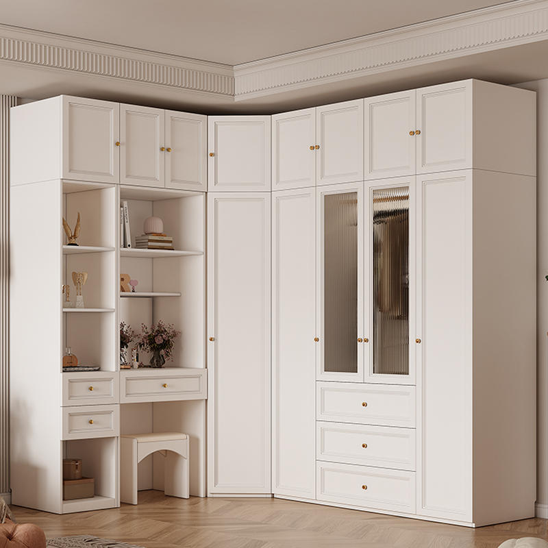 White Minimalist Manufactured Wood Wardrobe Closet with Soft Close Drawer, Interior Shelves, and Clothing Rod
