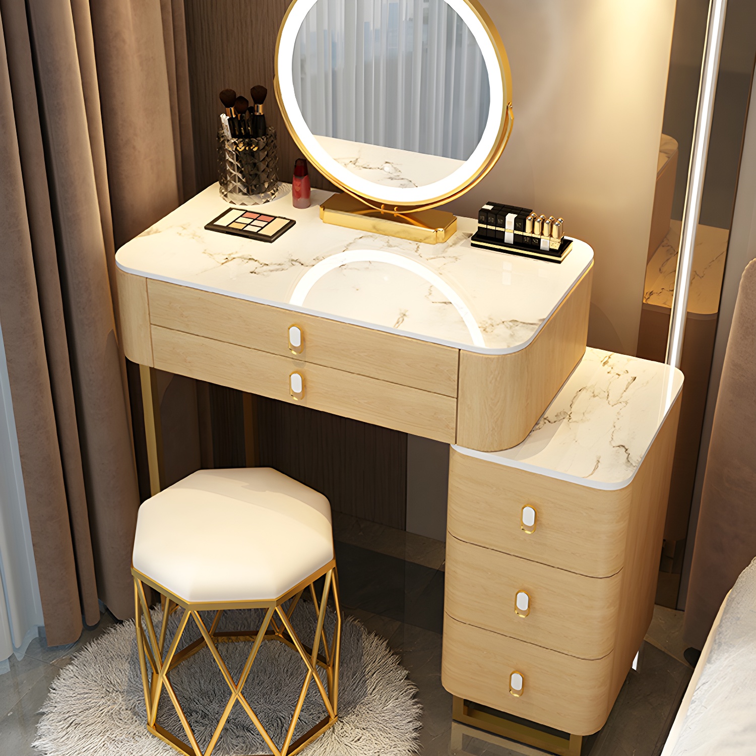 Stone Top Vanity with Storage Drawers Makeup Vanity Desk with Stool and Mirror - image 16
