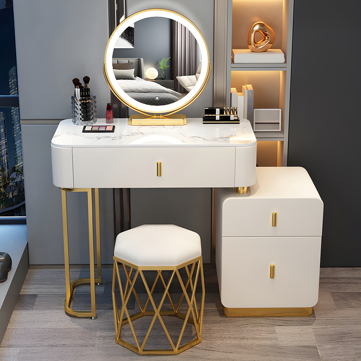 Wood Makeup Vanity Lighted Mirror Vanity Table and Stool Set - image 3