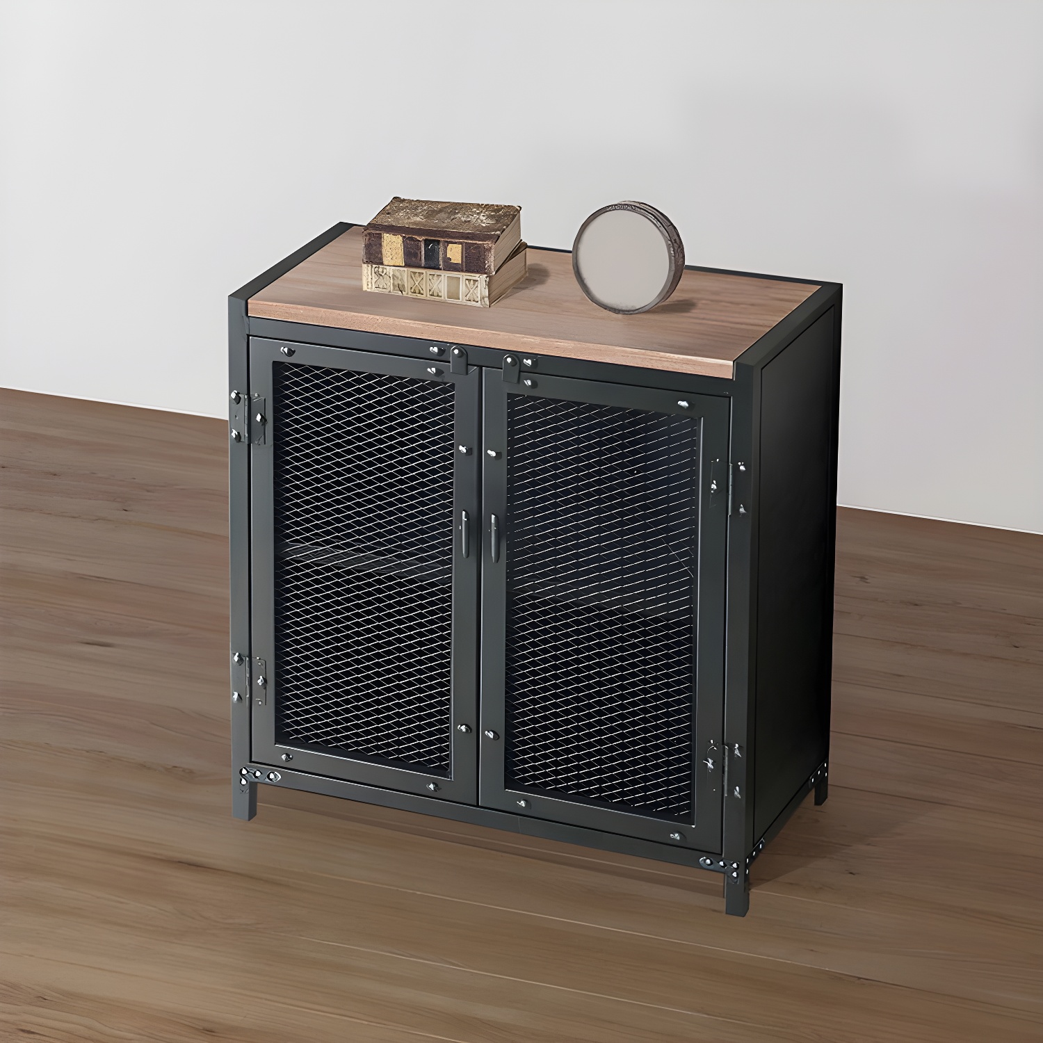 29.5" Tall Metal Accent Cabinet Industrial 2 - Door Chest with Wood Top
