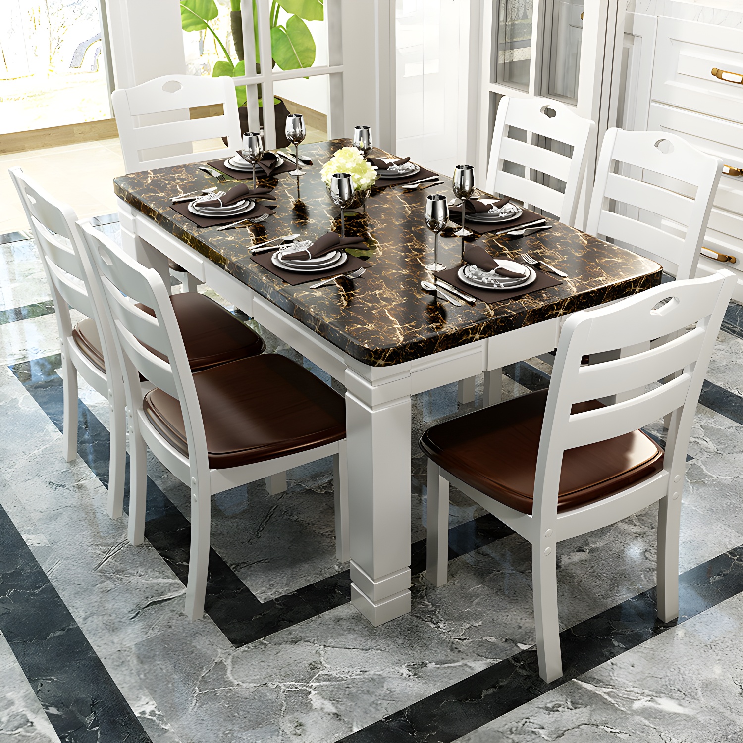 7 Piece Contemporary Rectangle Shape Dining Table Set with Chair