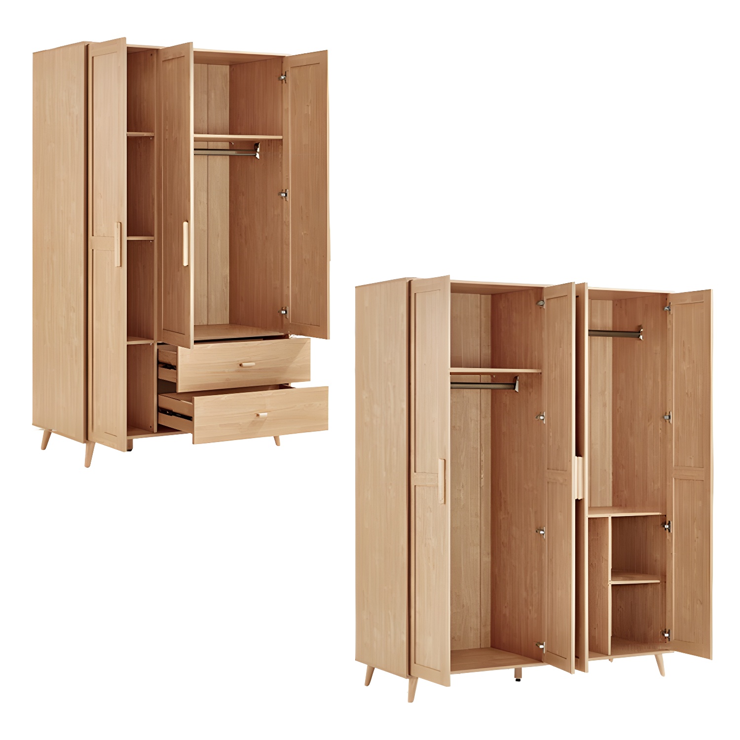 Modern Natural Wood Wardrobe Armoire with Clothing Rod, Shelves, and Soft-Close Drawers - image 7