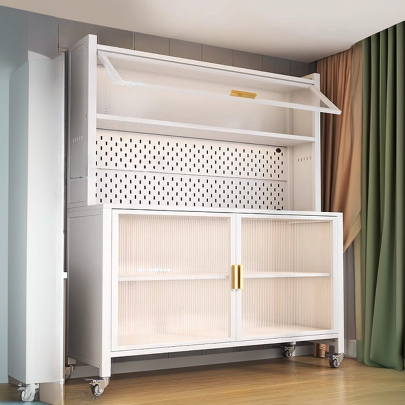 Narrow Steel Countertop Sideboard with Wheels, Cupboard, Changeable Shelf, and 3/4 Doors