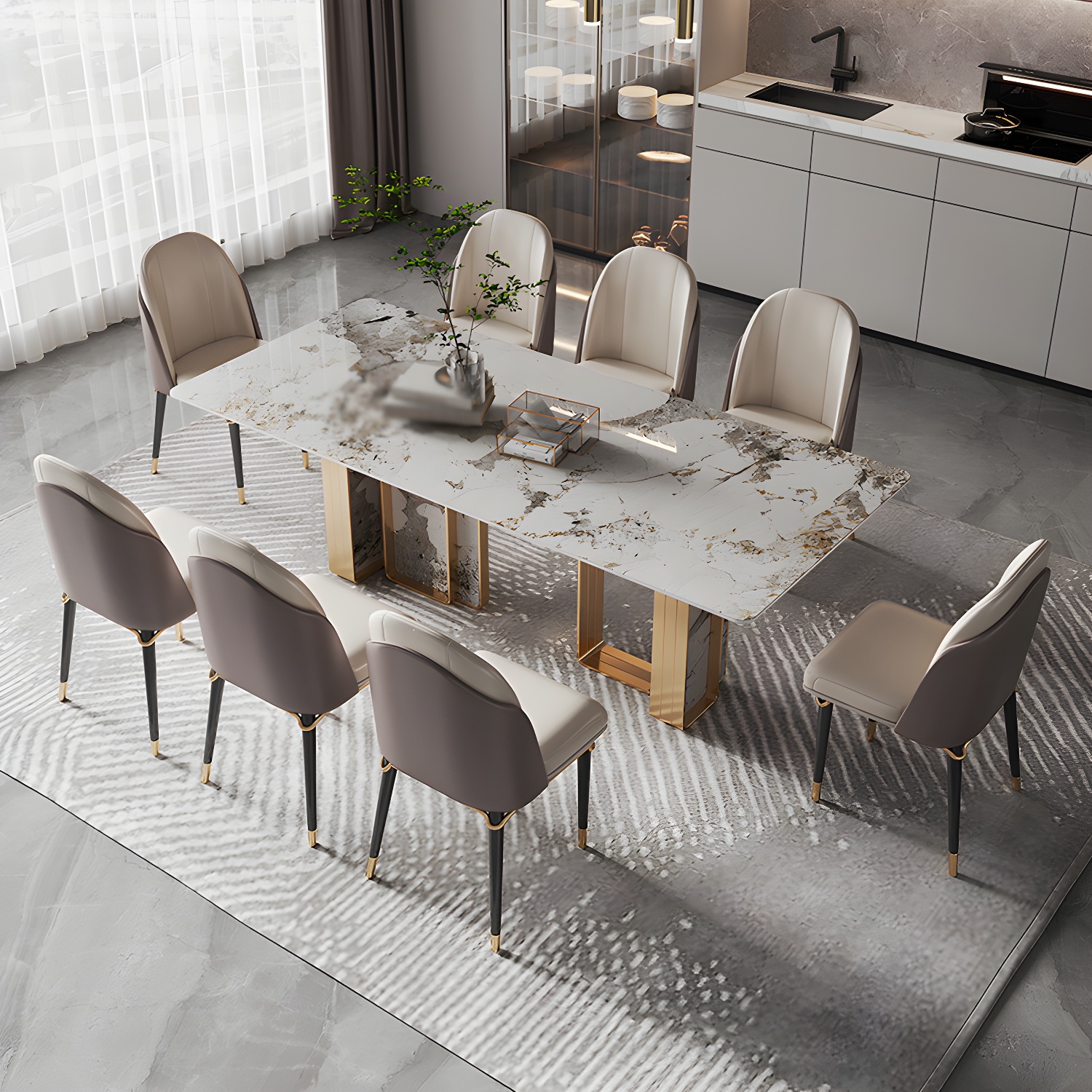 1/4/5/9 Pieces Rectangle Glam Furniture Stone Dining Table Set with Double Pedestal Base