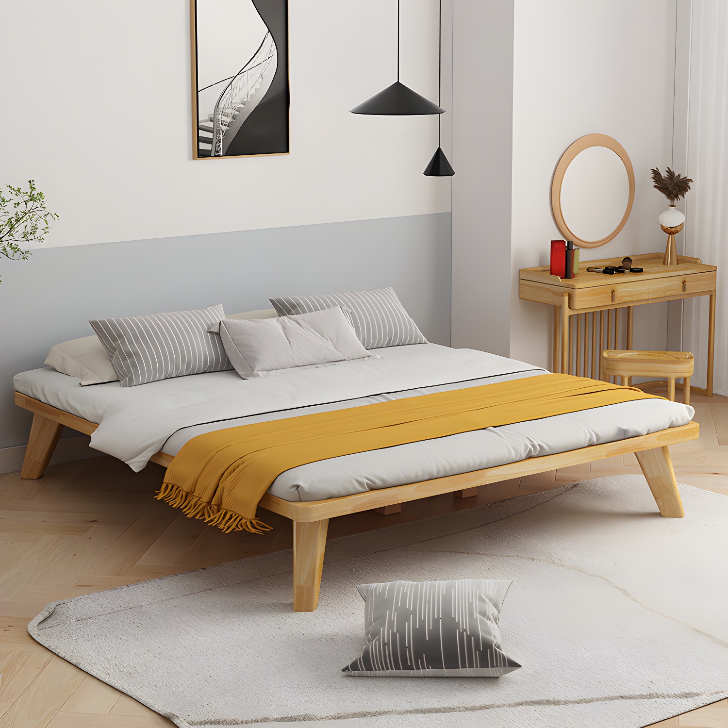 Scandinavian Solid Wood Platform Bed 13.39" High Natural Bed Frame Set - image 3
