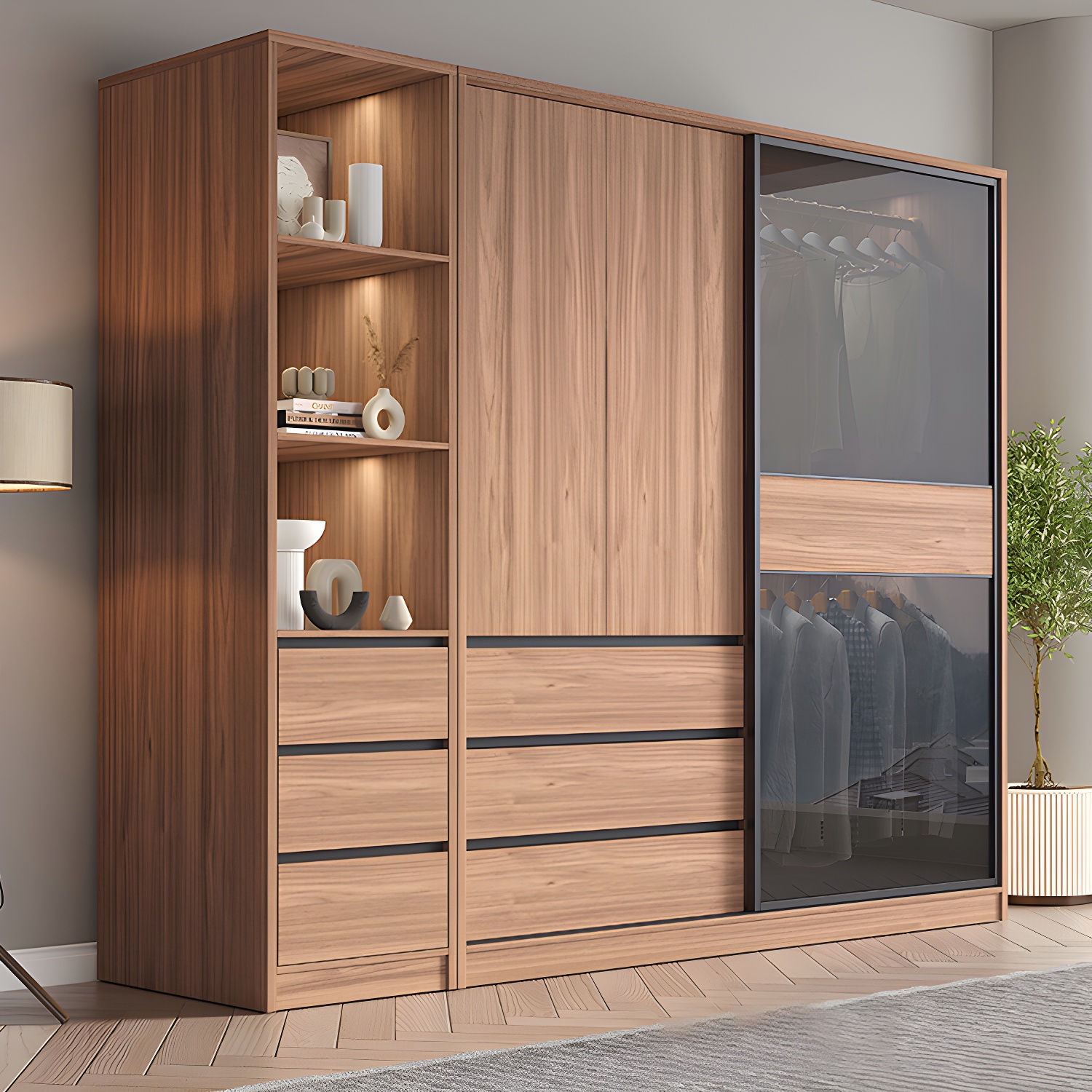 Glass and Wood Wardrobe Cabinet Brown Wardrobe Armoire with Garment Rod - image 3