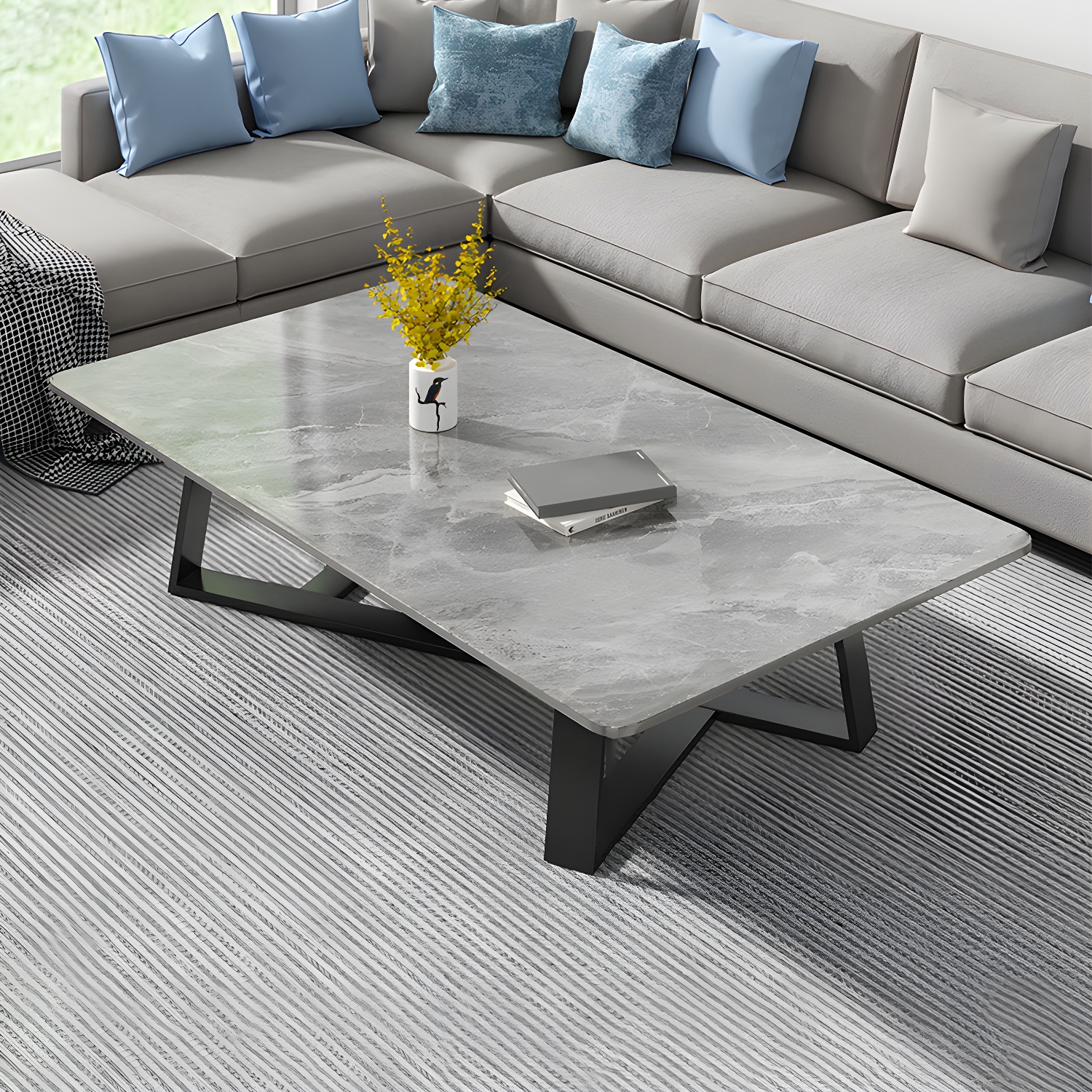 Stone and Metal Coffee Table Contemporary Coffee or End Table with Cross Legs - image 18