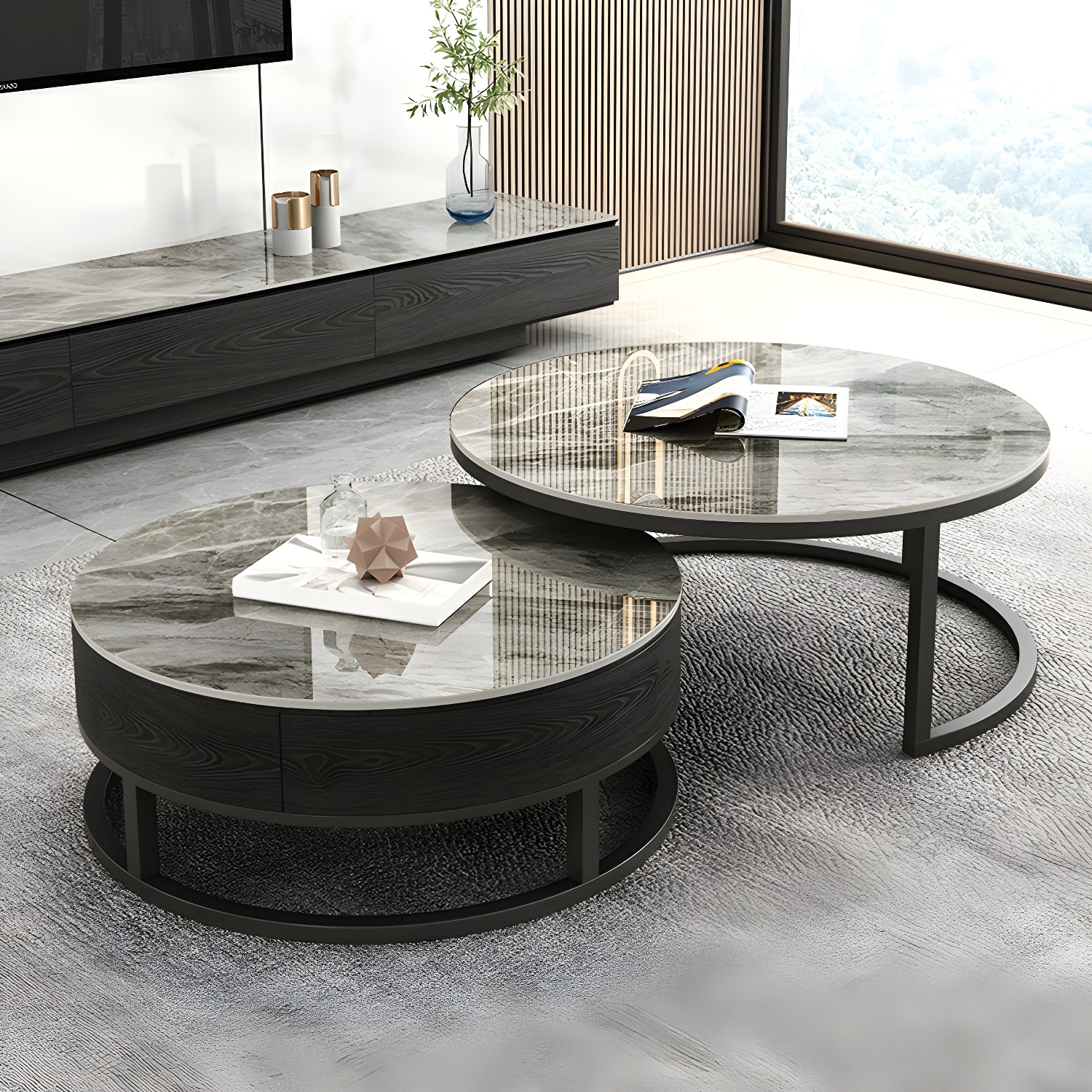 Set of 2 Round Stone Top Modern Nesting Tables with Black Metal Frames and Drawers Included - image 5