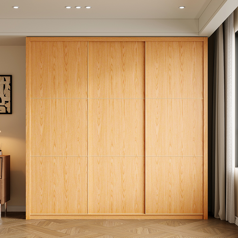 Wood Grain Minimalist Natural Wood Wardrobe Closet with Soft Close Drawer, Soft Close Door, Interior Shelves, and Clothing Rod