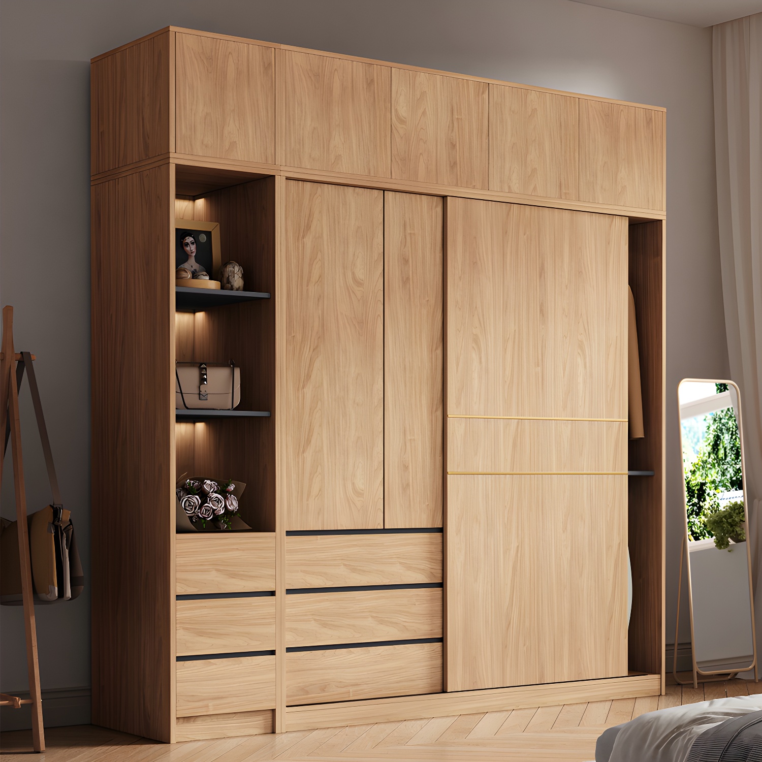 Natural Finish Wardrobe Armoire Sliding Wardrobe Cabinet with Drawer - image 3