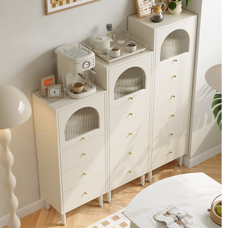 Chalk French Provincial Raw Wood Combo Dresser for Parlor with 5/6/4 Drawers and Hutch in Vertical Orientation