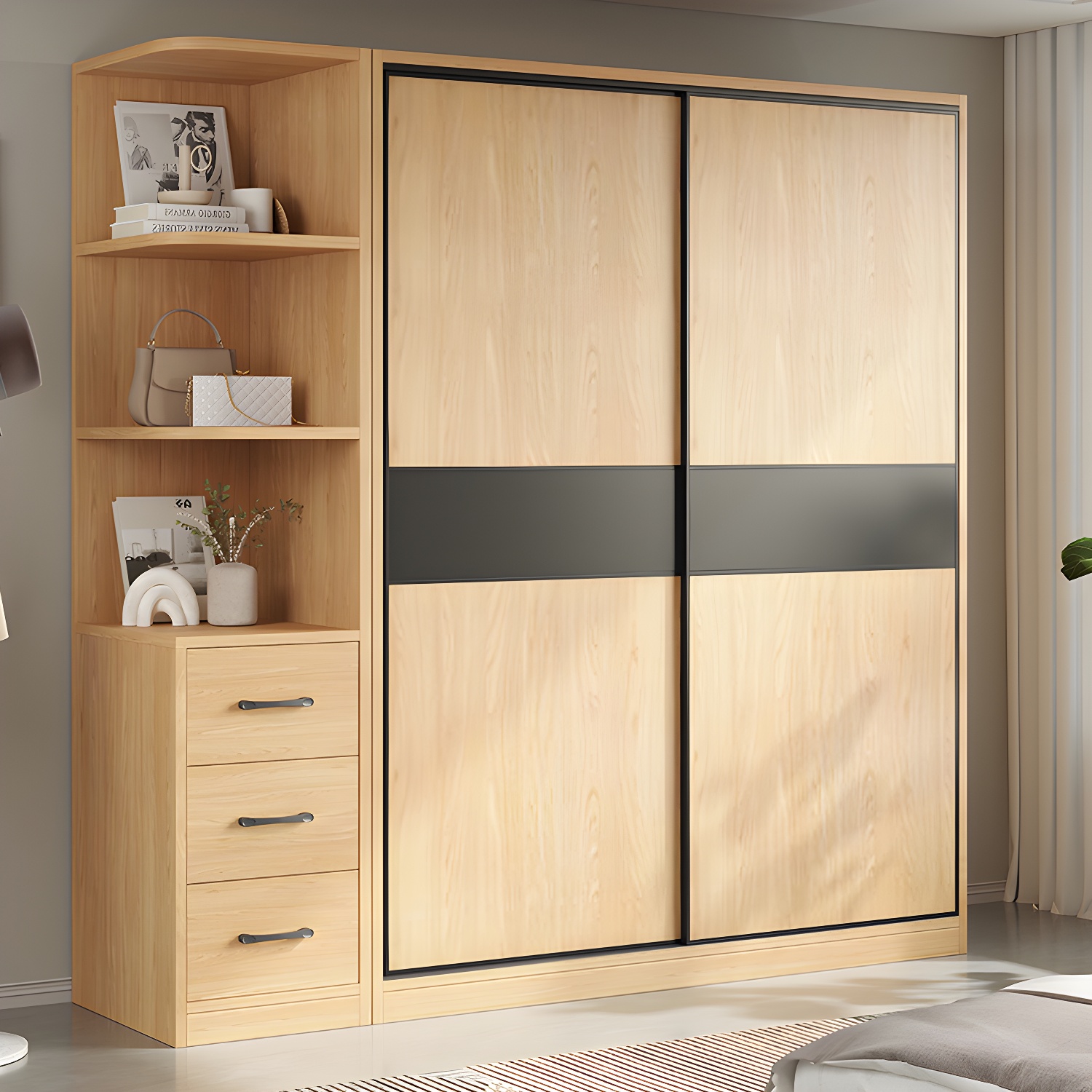 Light Wood Wardrobe Armoire with Sliding Doors, Clothing Rod, and Soft-Close Drawers - image 4