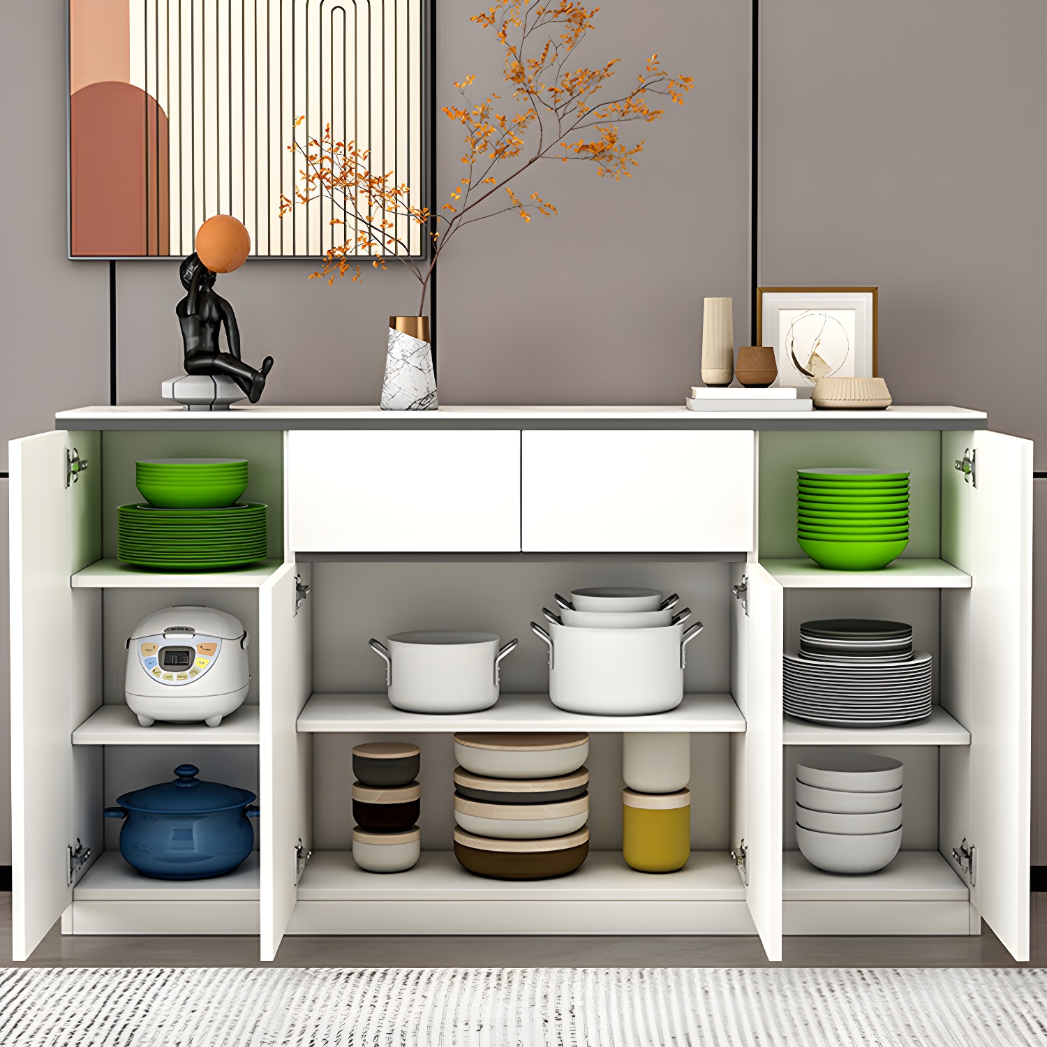 Modern Wood Sideboard Credenza with Drawers and Cabinets - Stone Countertop - image 17