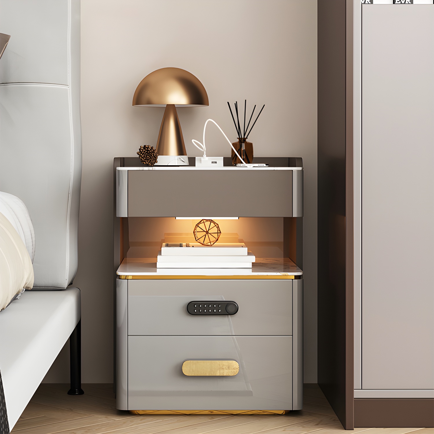 3-Drawer Nightstand with USB charging 21.65" Tall Faux Leather Nightstand - image 4