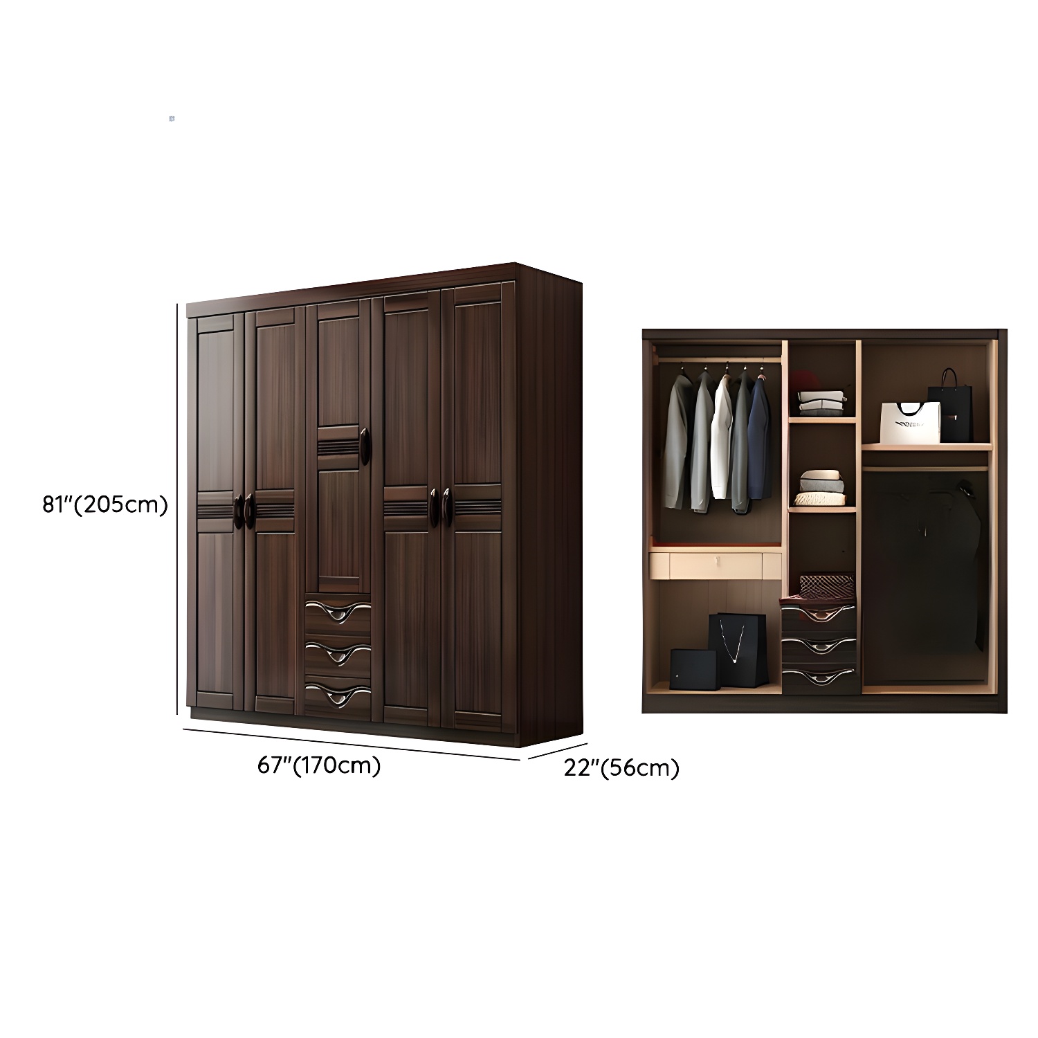 Traditional Black-brown Storage Wood Wardrobe with Clothing Rod and Shelves - image 11