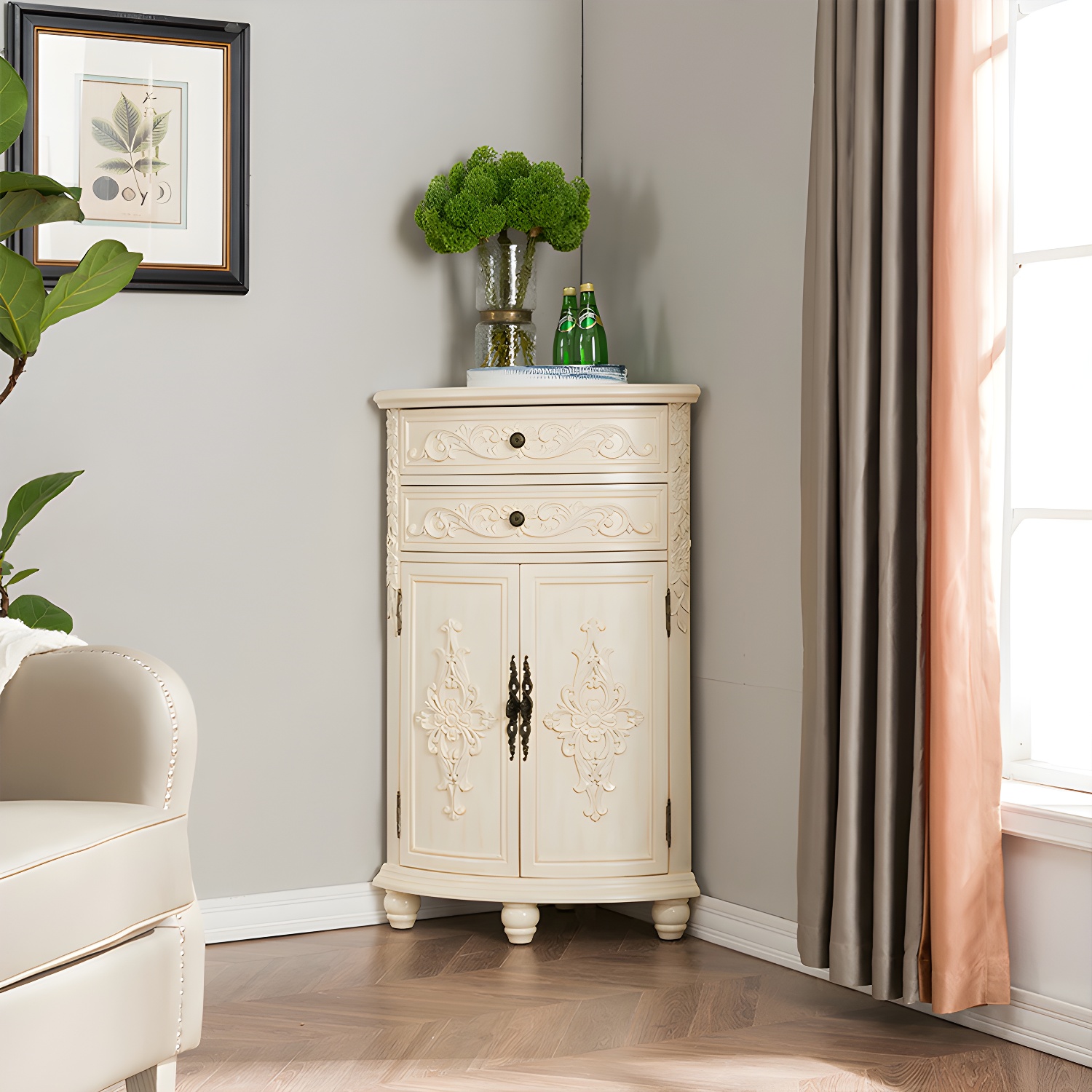 Traditional Bar Pulls Solid Wood Corner Accent Cabinet with Doors - image 6