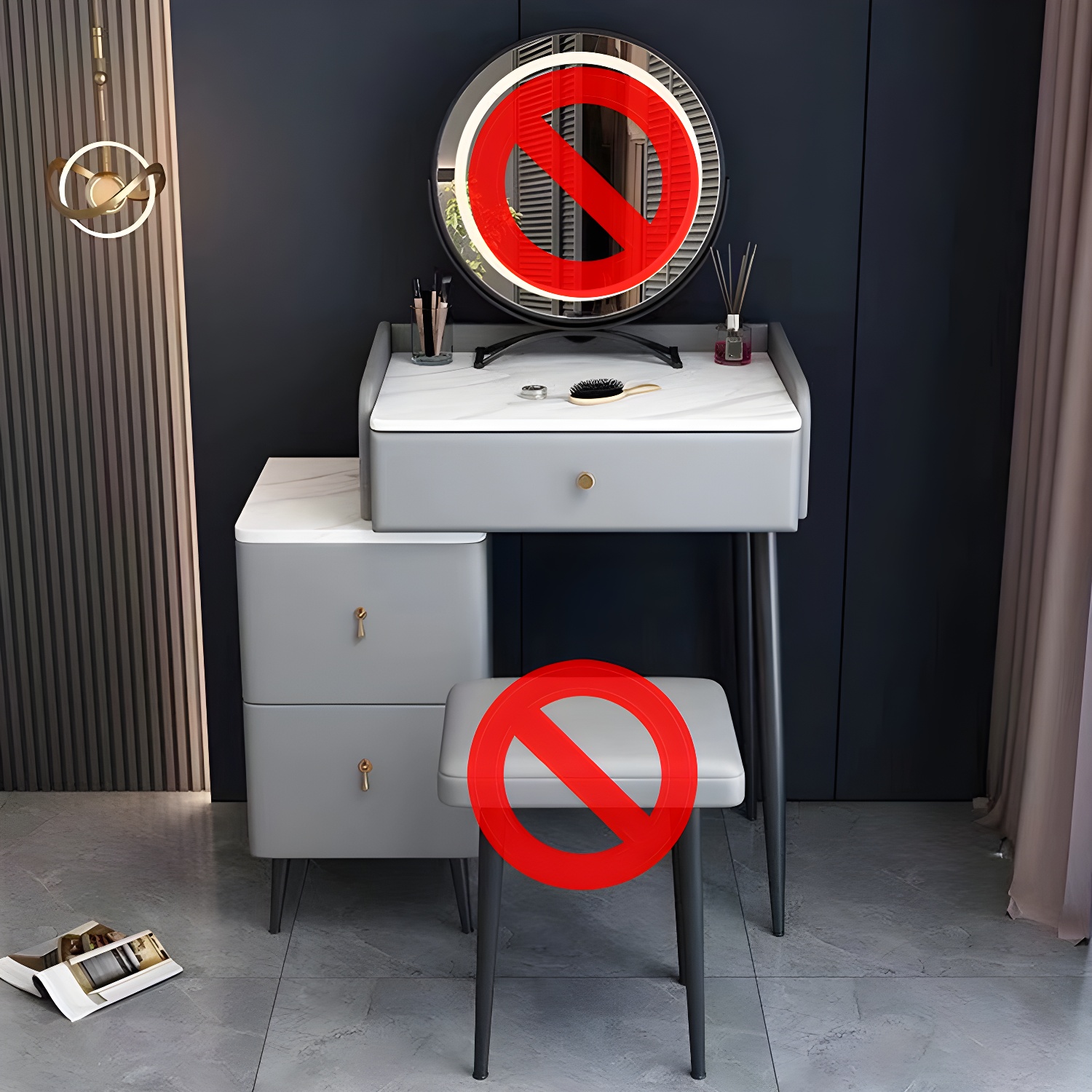 Contemporary Make-up Vanity with Stone Top and Metal Legs for Bedroom