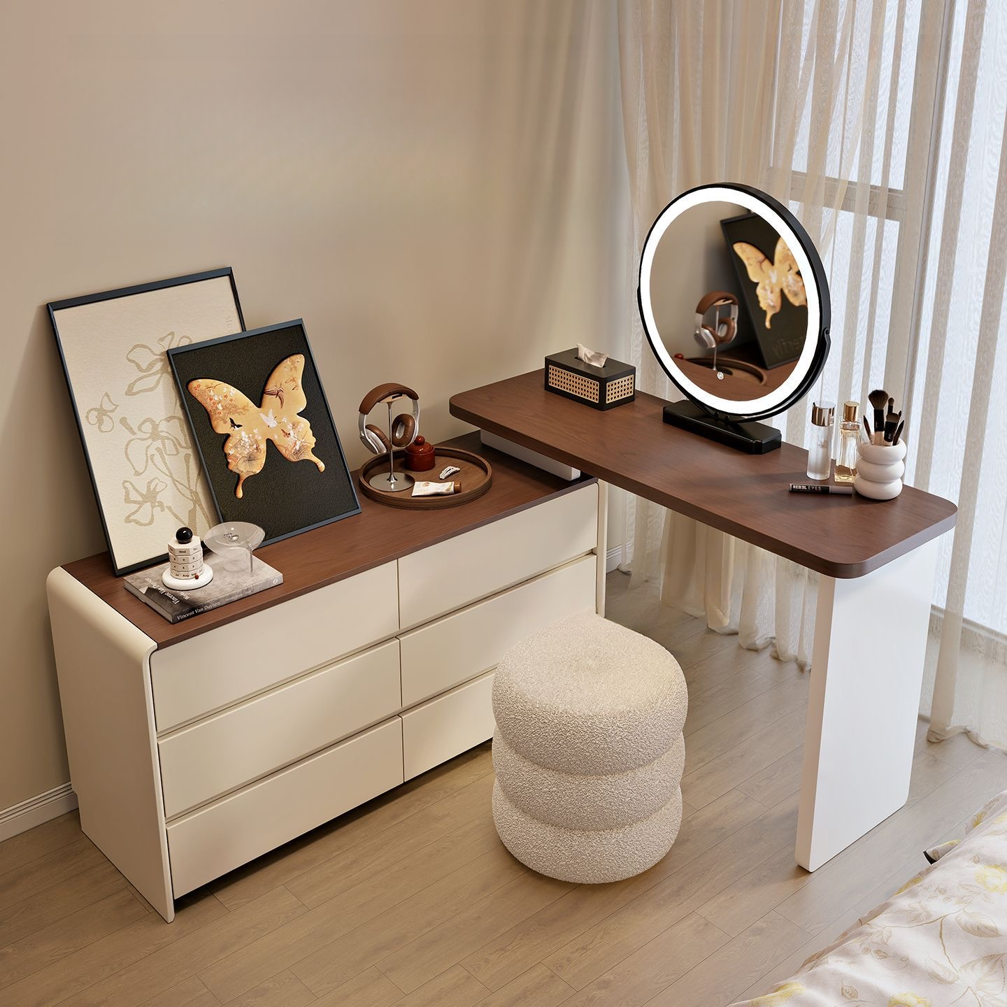 Large Vanity Set with White Seating, 6 Drawers, Mirror Lights, Seat, Lighting, and Scalable Telescopic Design - image 4