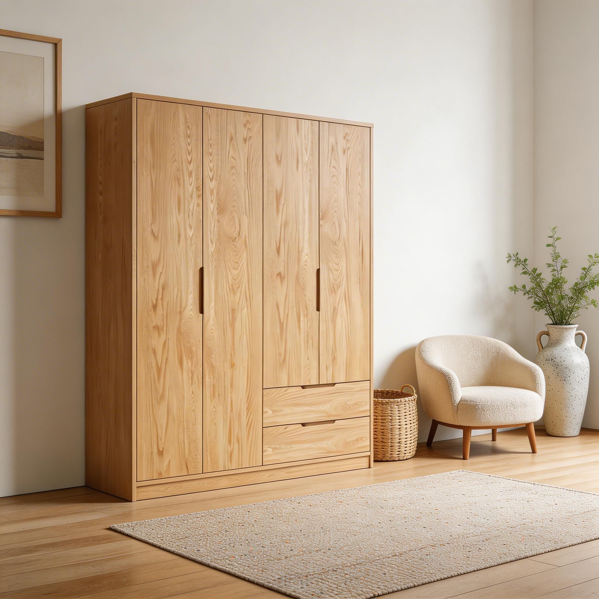 Modern Natural Wood Wardrobe Armoire with Sliding Doors, Drawers, and Shelves - image 38