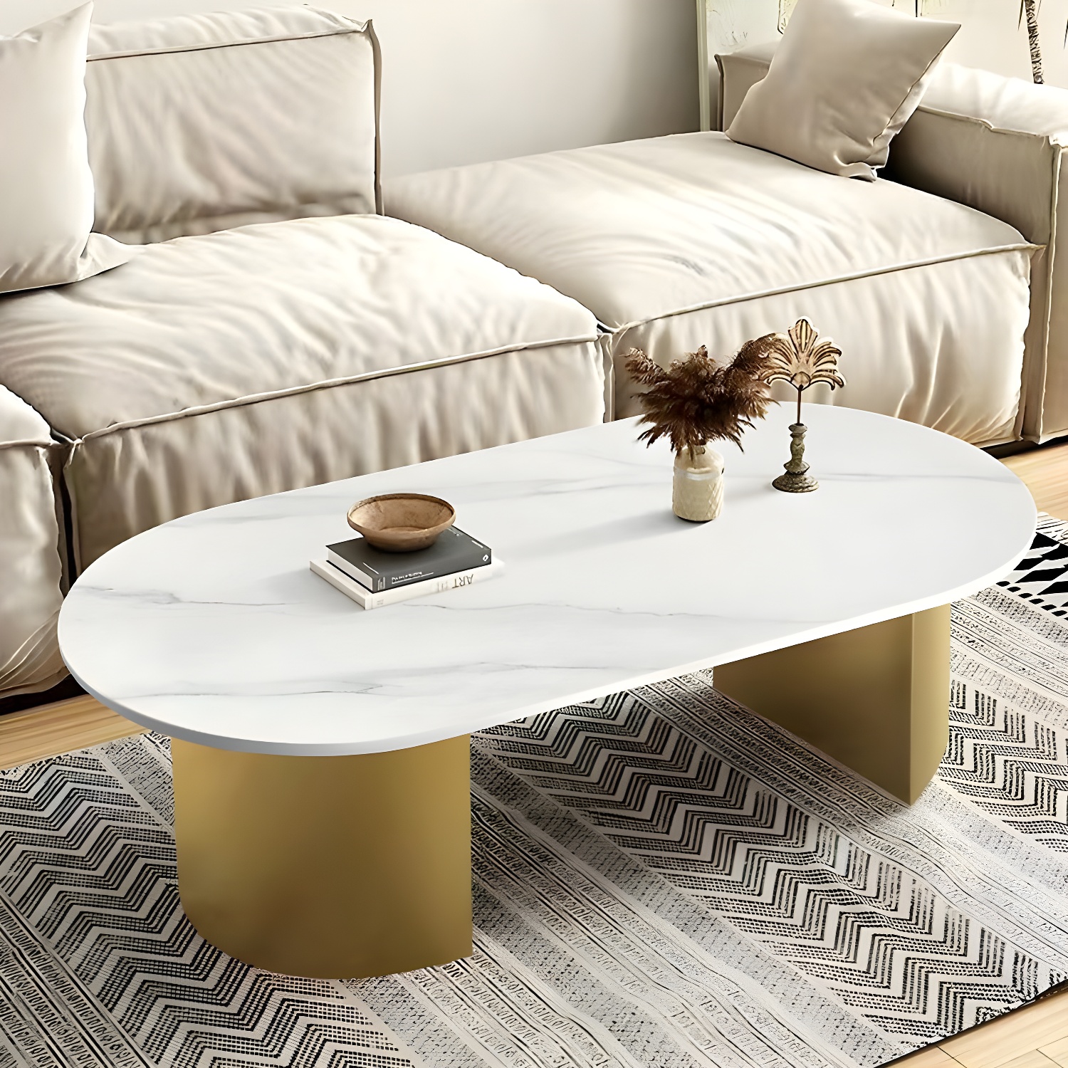 Modern Oval Stone Coffee Table with Double Pedestal Base for Living Room