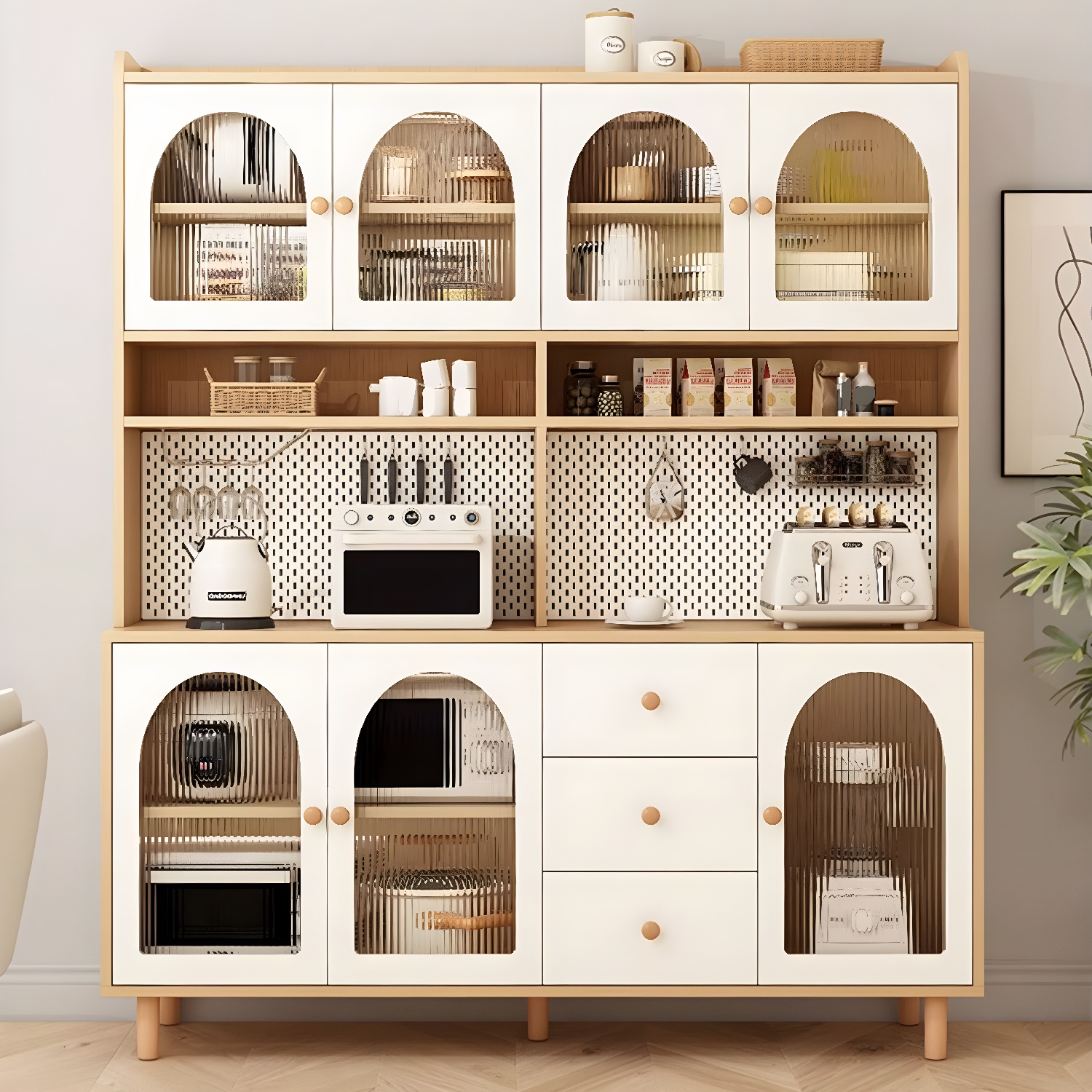 Scandinavian Wood Buffet 3 Cabinet Doors with Glass Interior Shelves - image 5