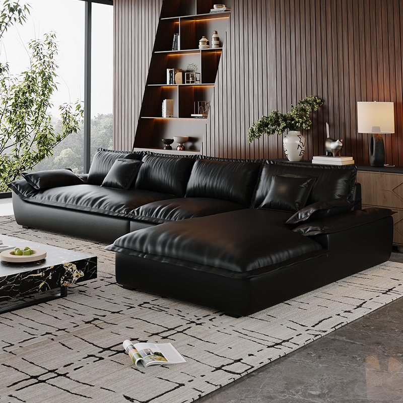 L-Shape Sofa Chaise with Dark/Cream/Cocoa Upholstery and Cotton Seat Fill