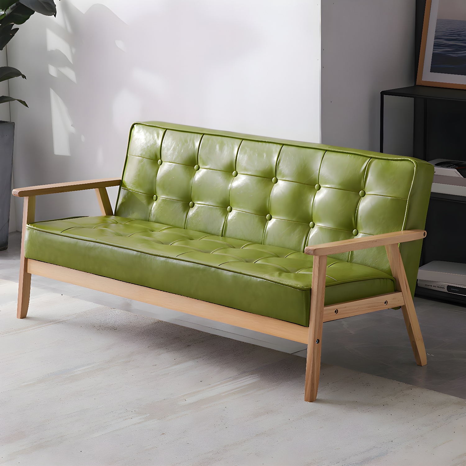 Mid-Century Modern Pine Wood Sofa with Tufted Back and Single Cushion Design - image 4