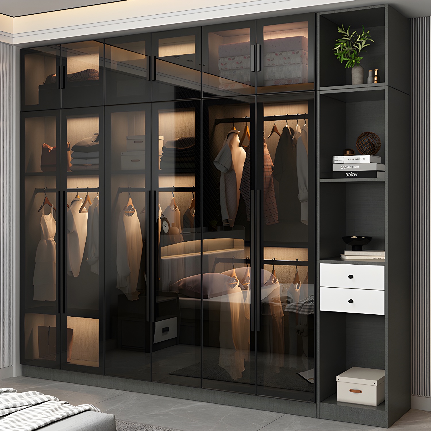 Black Glass Wardrobe Armoire Modern Style Wardrobe for Bedroom - image 13