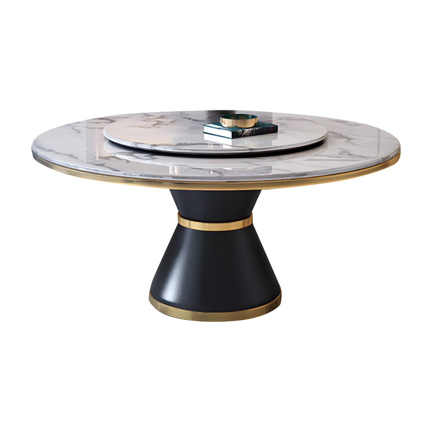 Glam Round Stone Dining Set in White - Fixed Table with Black Metal Pedestal Base - image 3