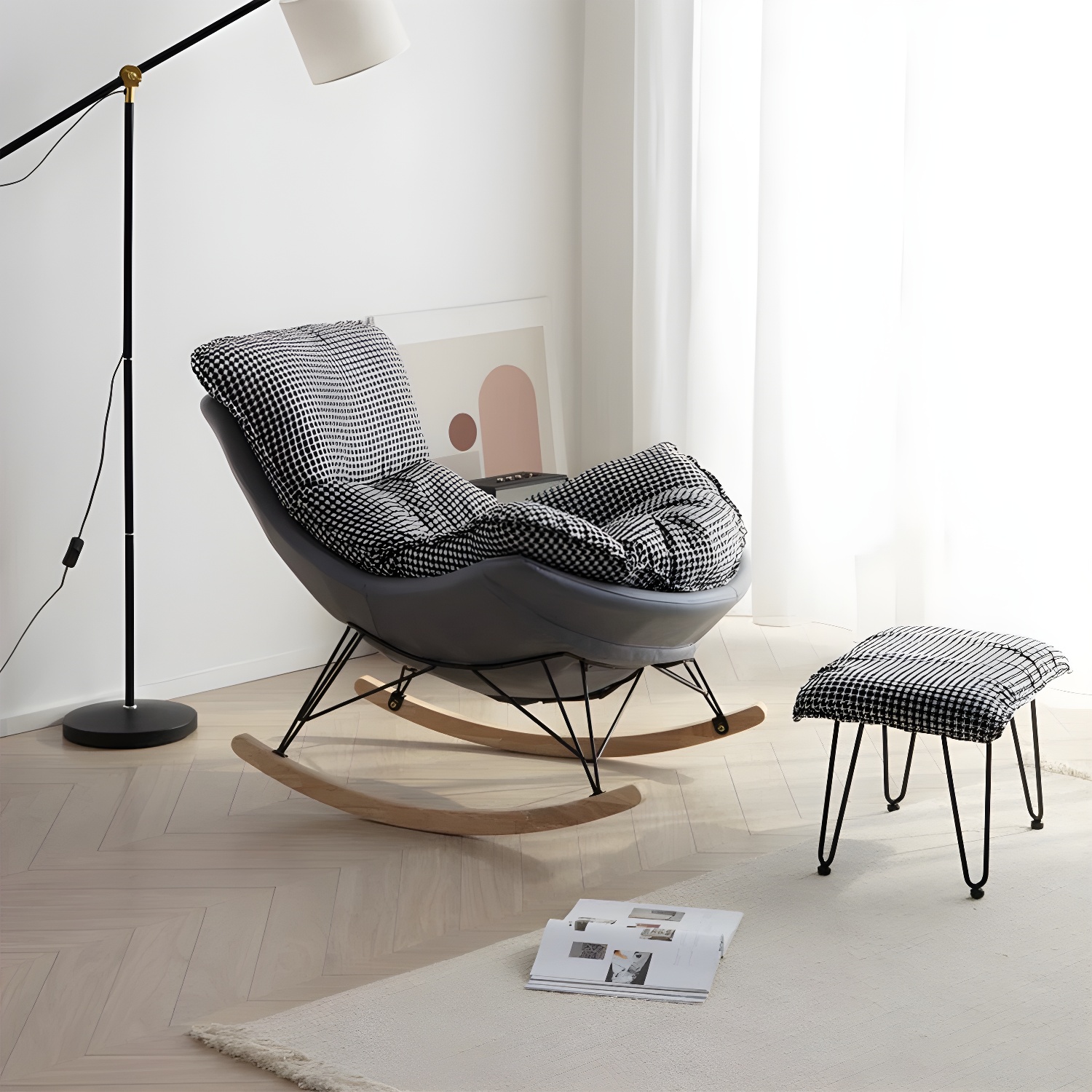 Modern Rocking Chair with Ottomans - Metal Frame, Removable Cushions, and Armless Design