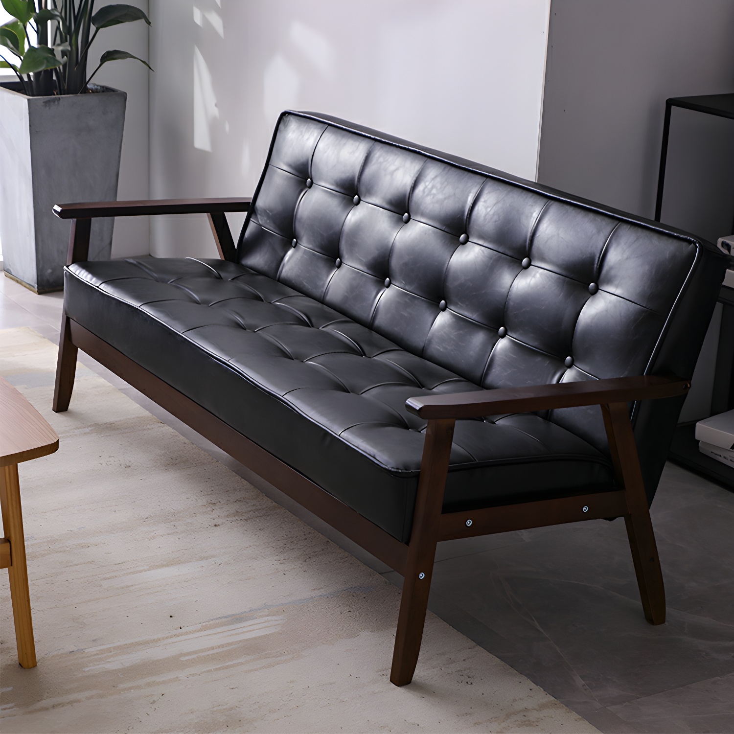 Mid-Century Modern Pine Wood Sofa with Tufted Back and Single Cushion Design - image 8