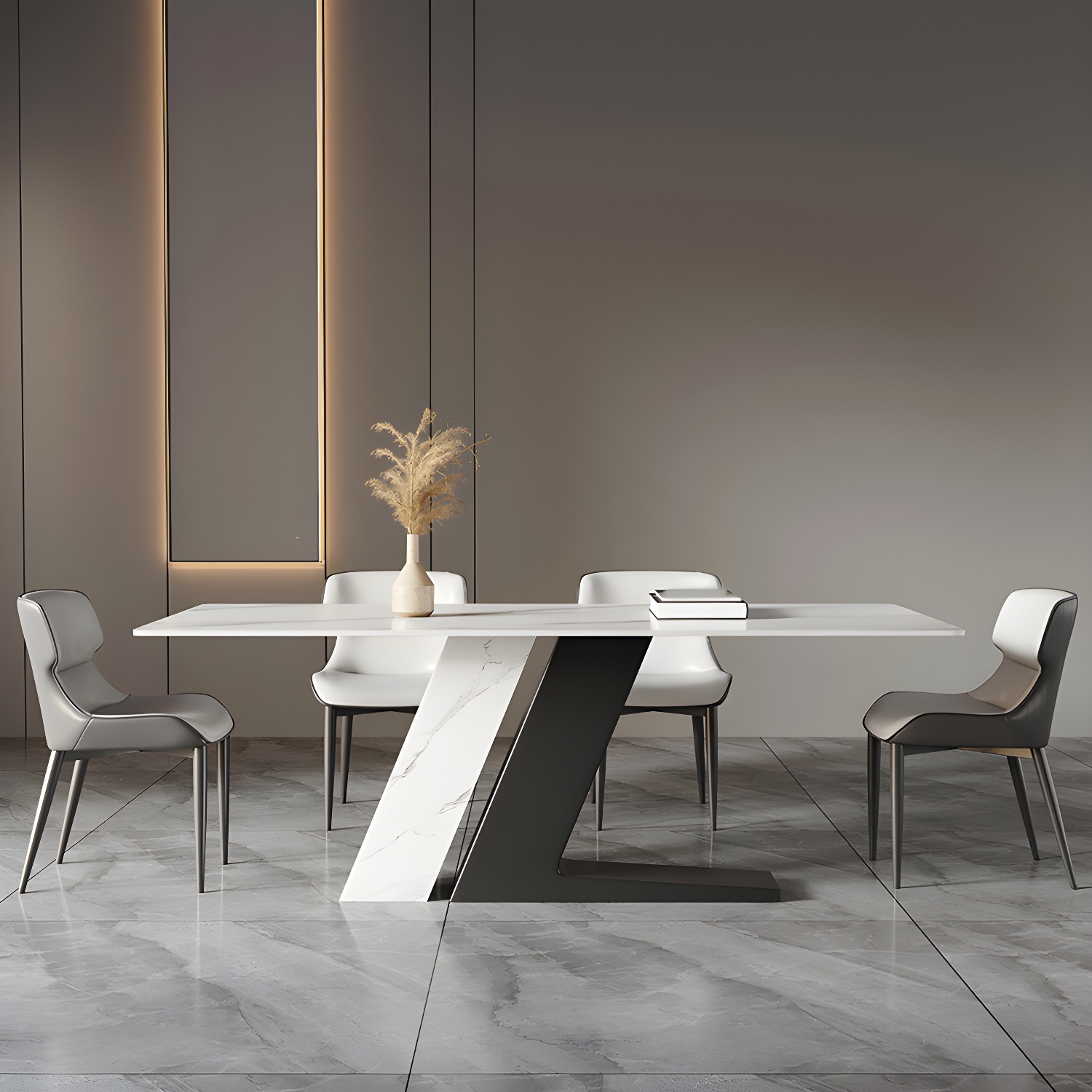 Modern Sintered Stone Top Dining Set Rectangle 1/2/5/7 Pieces Dinette Table Set in White