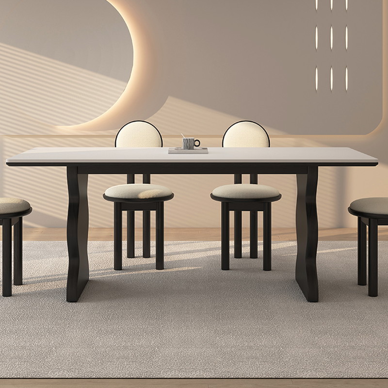 Dining Table Set with Rectangular Shape, Two-sided Pedestal, Fixed Table, Padded Chair with Back, 5-piece in White