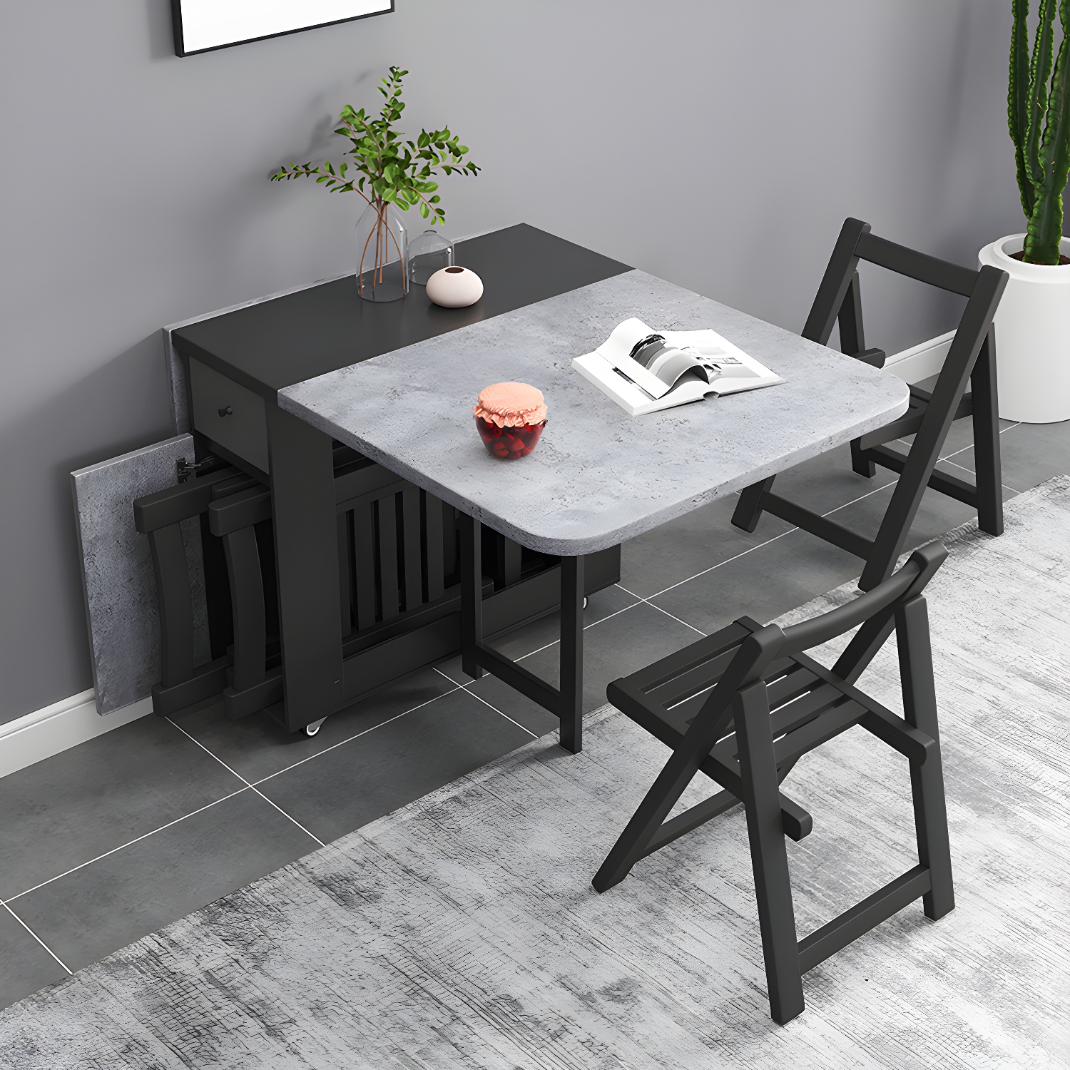 1/3/5 Piece Rectangle Shape Dining Room Furniture Set in Gray and Black