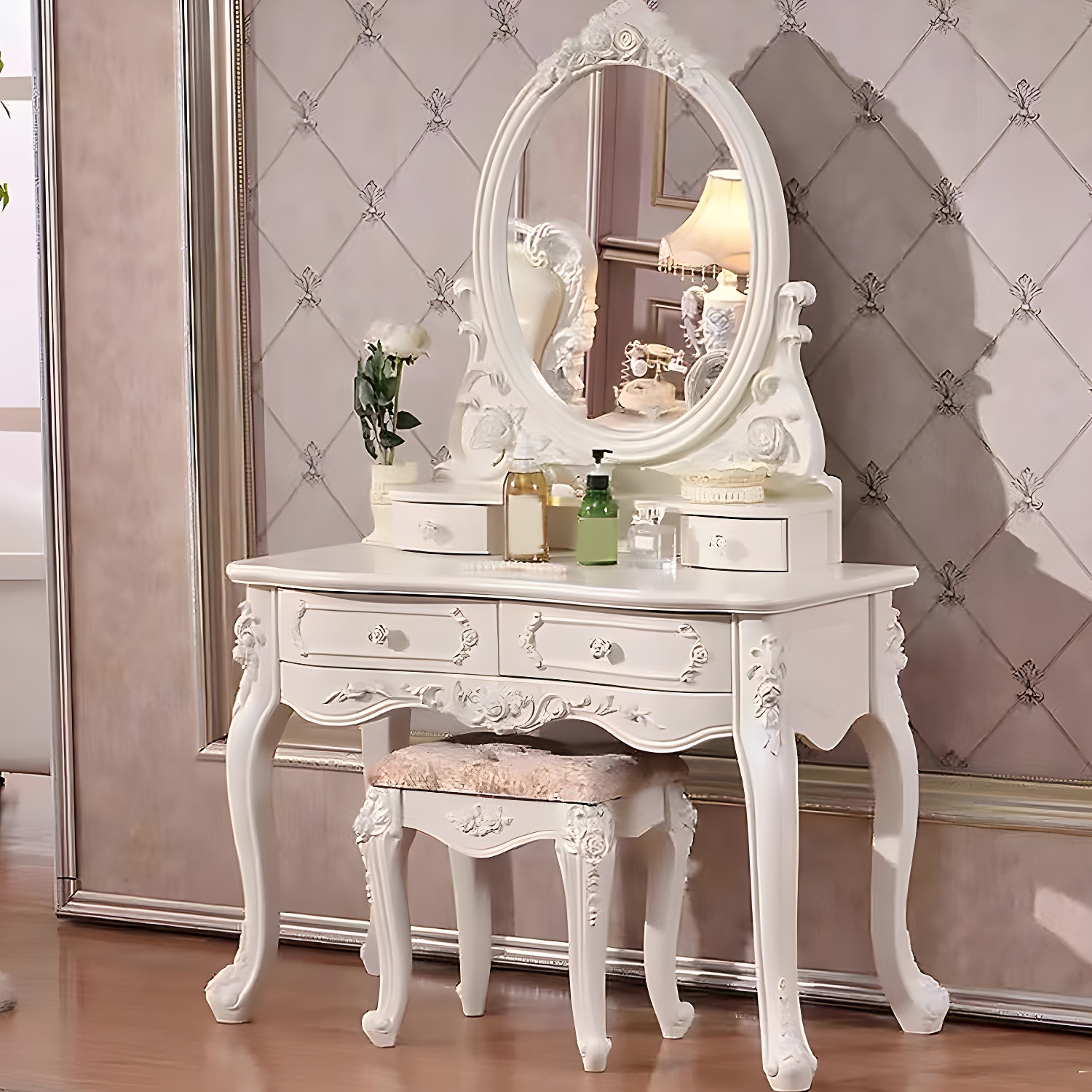 Victorian 33.4"/41.3" Wide Wood 4 Drawers Mirrored Makeup Vanity - image 6