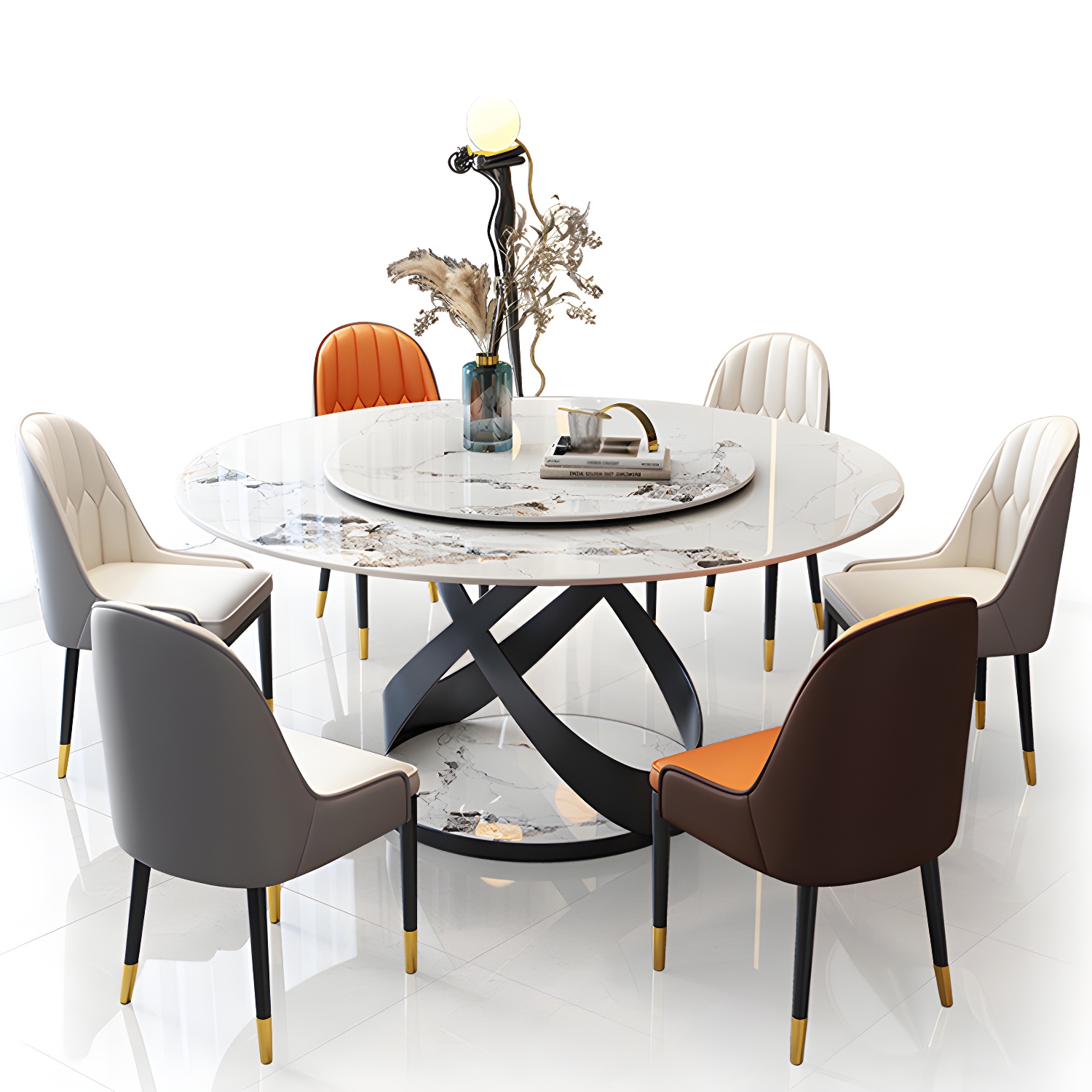 Modern Round Stone Top Lazy Susan Dining Table with Black Steel Pedestal - image 13