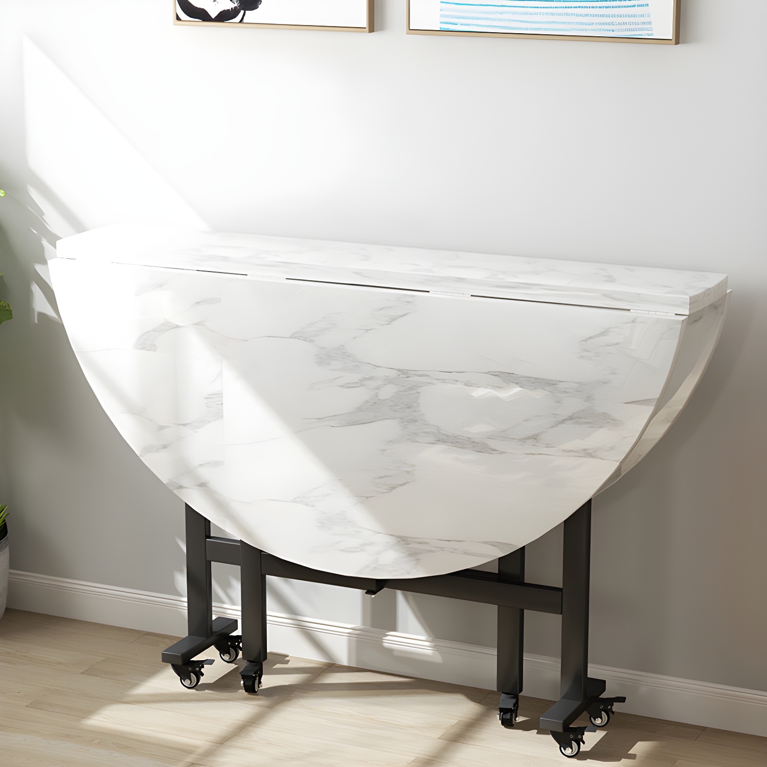 Modern Foldable Dining Table Round Wood Tabletop with Metal Legs