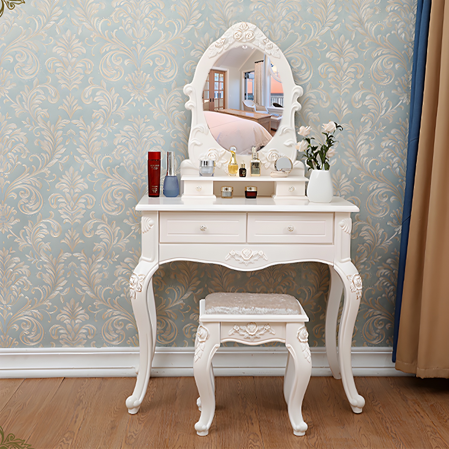Victorian Bedroom With Drawer Mirror Solid Wood Makeup Vanity Set - image 5
