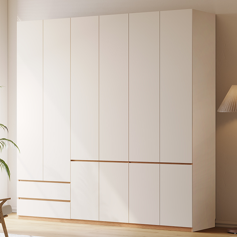 White Minimalist Manufactured Wood Wardrobe Closet with Soft Close Drawer, Soft Close Door, Interior Shelves, and Clothing Rod