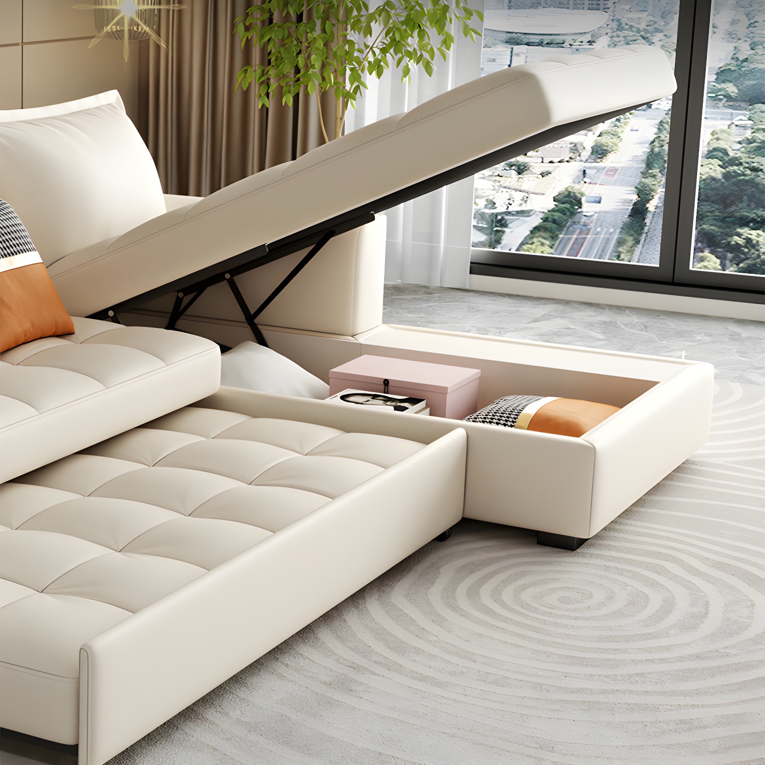 White Modern Sofa Bed with Storage USB Charging Convertible Sectional - image 9