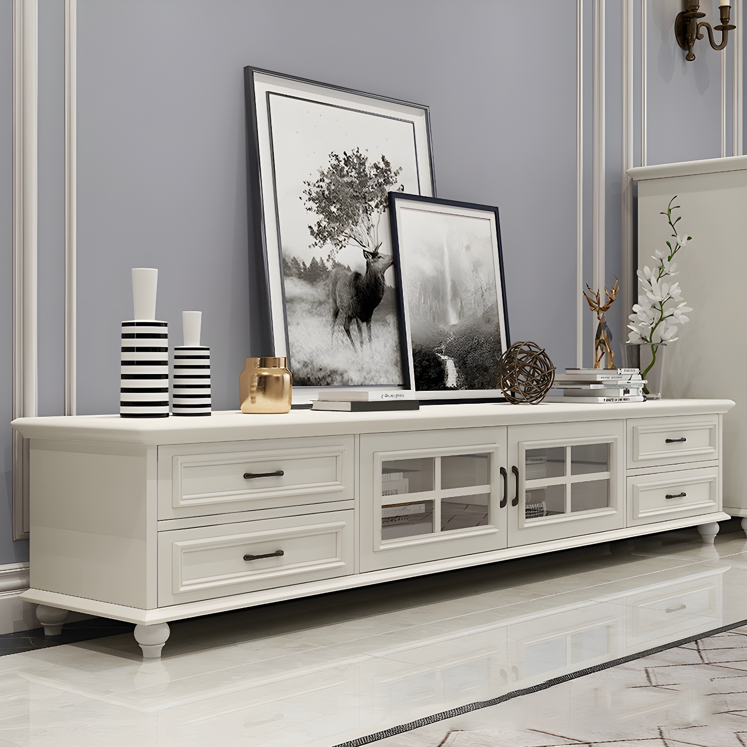 Modern Wood TV Stand with Drawers, Shelves, and Legs - Low Height - Cable Management - image 5